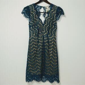 Blue Lace Illusion Dress Open Keyhole Back